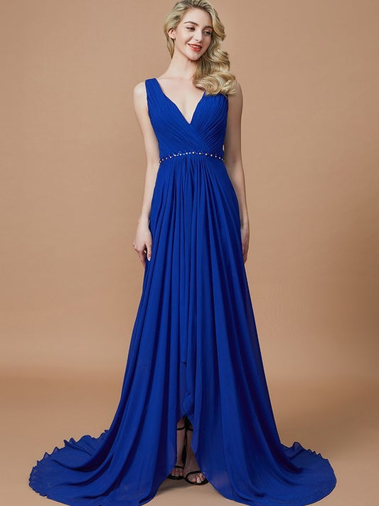 V-neck Chiffon Sleeveless Sweep/Brush A-Line/Princess Train Bridesmaid Dresses