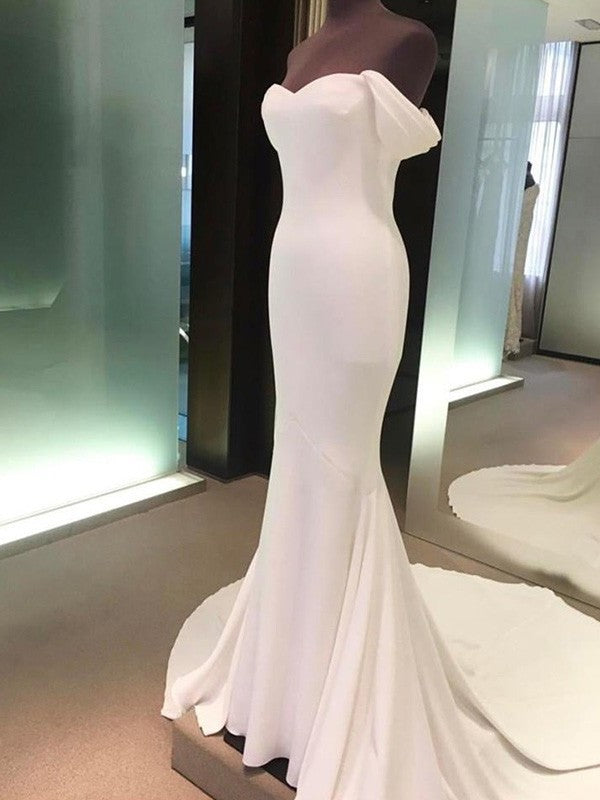 Short Sleeves Court Sheath/Column Off-the-Shoulder Train Spandex Wedding Dresses