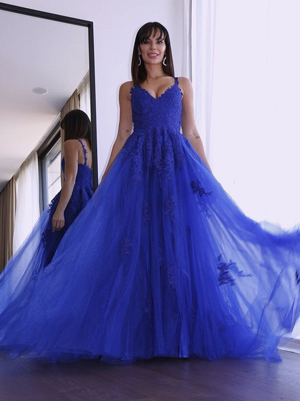 A-Line/Princess Applique Tulle V-neck Sleeveless Sweep/Brush Train Dresses