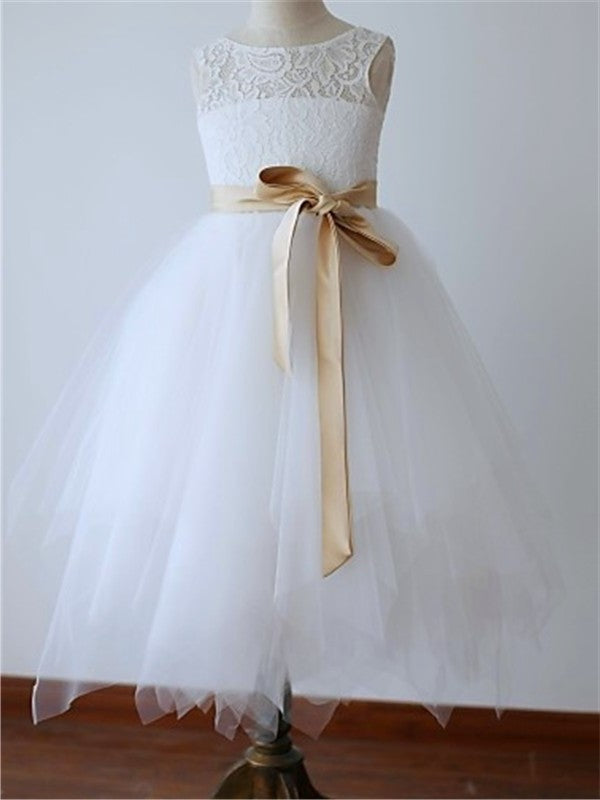 Tea-Length Tulle Sash/Ribbon/Belt Sleeveless Scoop A-line/Princess Flower Girl Dresses