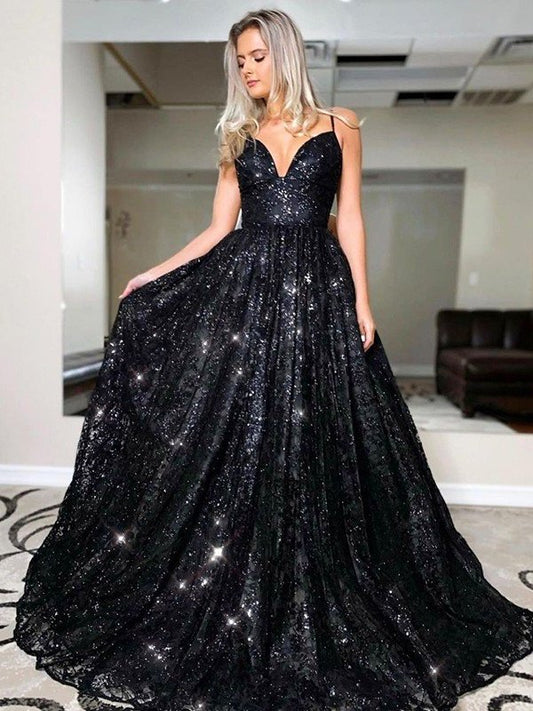 Sequin Train A-Line/Princess Sweep/Brush V-neck Sleeveless Sequins Dresses