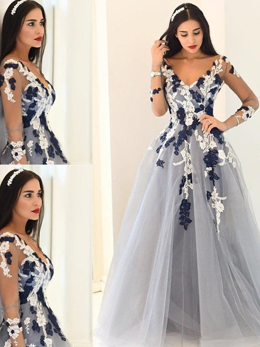 Applique Sleeves Long V-Neck A-Line/Princess Tulle Floor-Length Dresses