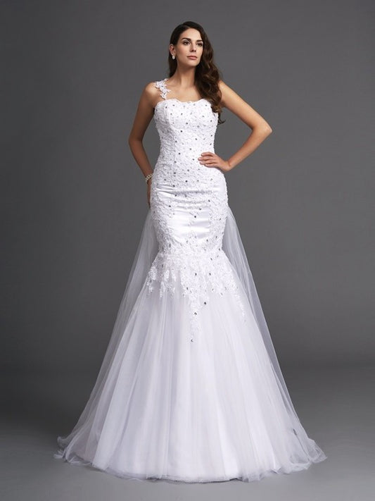 Straps Beading Long Trumpet/Mermaid Sleeveless Net Wedding Dresses