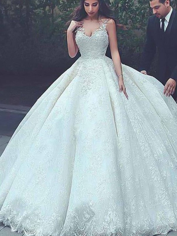 Straps Gown Spaghetti Ball Train Sleeveless Sweep/Brush Lace Tulle Wedding Dresses