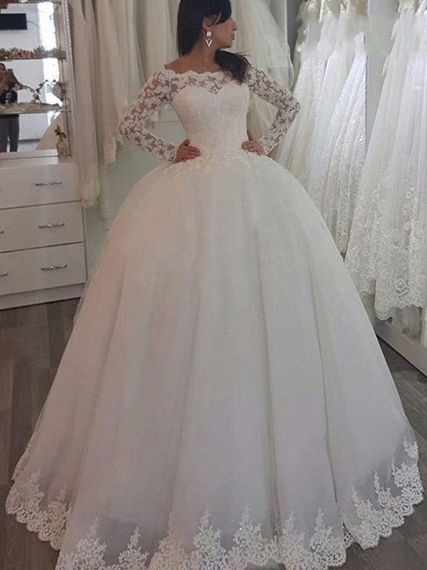 Ball Long Applique Gown Sweep/Brush Train Off-the-Shoulder Sleeves Lace Wedding Dresses