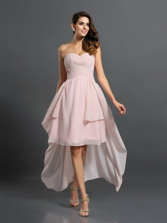 Sweetheart A-Line/Princess High Sleeveless Pleats Low Chiffon Bridesmaid Dresses