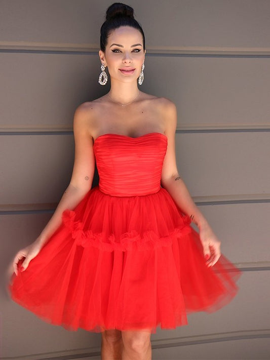 A-Line/Princess Strapless Ruffles Sleeveless Tulle Short/Mini Homecoming Dresses