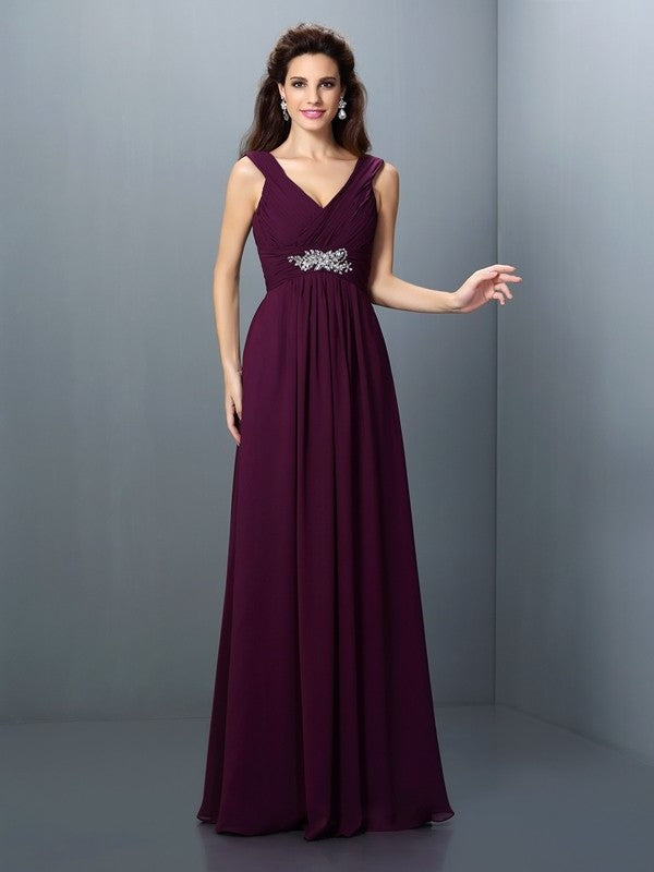 Long Beading A-Line/Princess Sleeveless Pleats V-neck Chiffon Bridesmaid Dresses