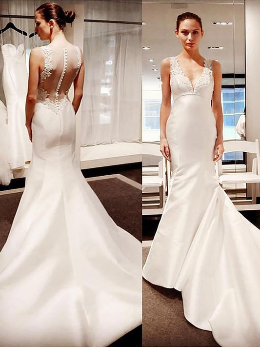 V-neck Satin Court Train Trumpet/Mermaid Sleeveless Wedding Dresses