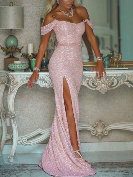 Trumpet/Mermaid Sleeveless Off-the-Shoulder Sequins Sash/Ribbon/Belt Sweep/Brush Train Dresses