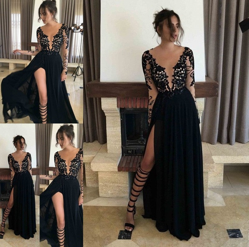 Neck Long Sleeves Lace Sheer A-Line/Princess Floor-Length Chiffon Dresses