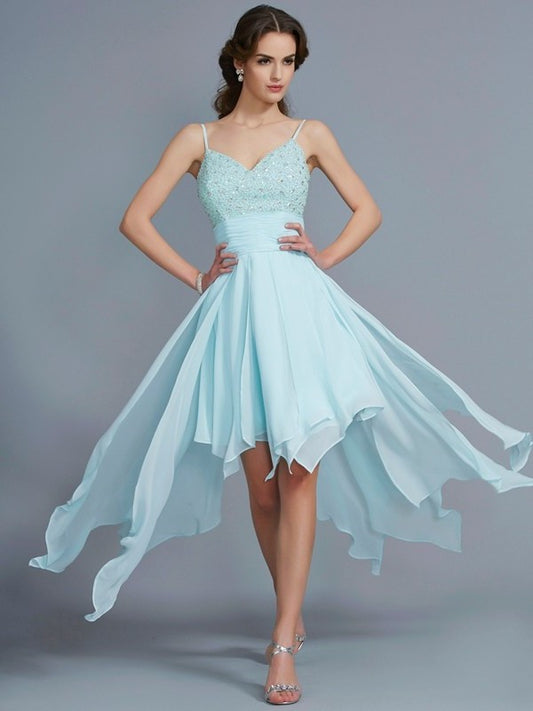 High Sleeveless Straps Low Spaghetti Beading A-Line/Princess Chiffon Homecoming Dresses