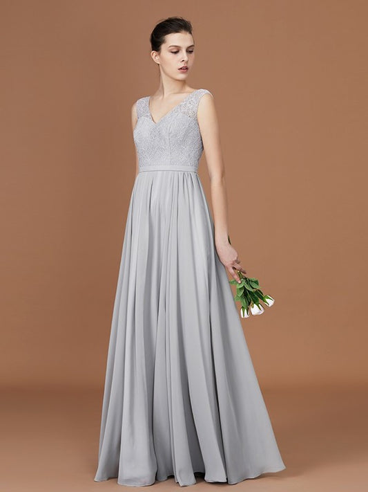 V-neck Floor-Length Chiffon Sleeveless A-Line/Princess Lace Bridesmaid Dress