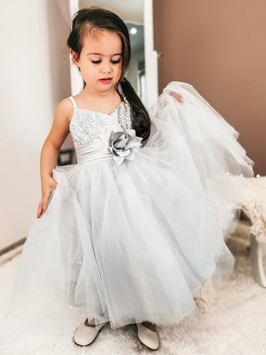 Straps Sleeveless Spaghetti Sequin Tulle A-Line/Princess Tea-Length Flower Girl Dresses