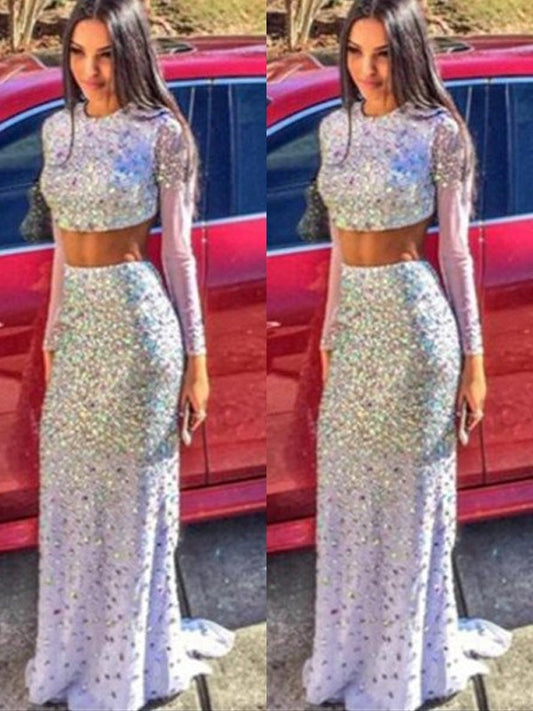 Long Sweep/Brush Sleeves Sequin Scoop Trumpet/Mermaid Train Chiffon Two Piece Dresses