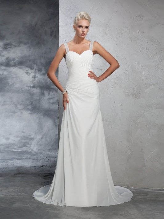 Straps Trumpet/Mermaid Ruched Long Sleeveless Chiffon Wedding Dresses