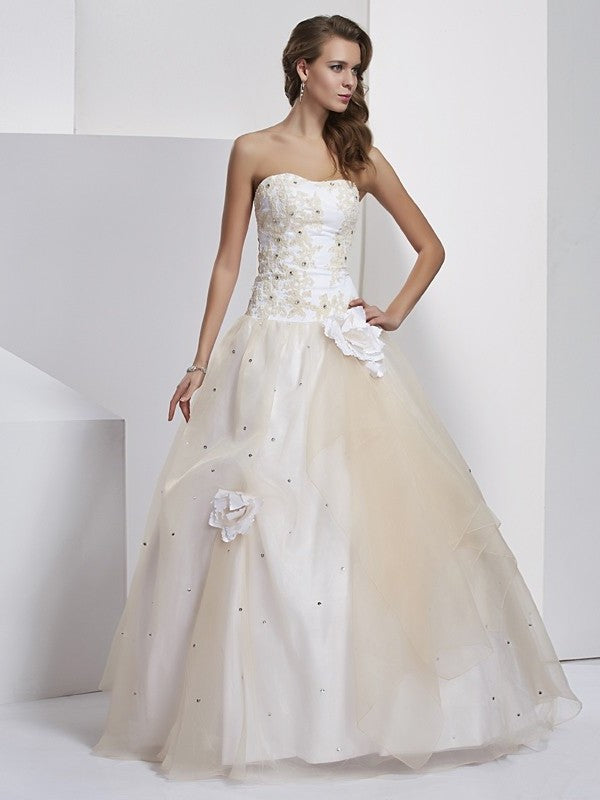 Sleeveless Sweetheart Long Gown Flower Ball Hand-Made Tulle Quinceanera Dresses