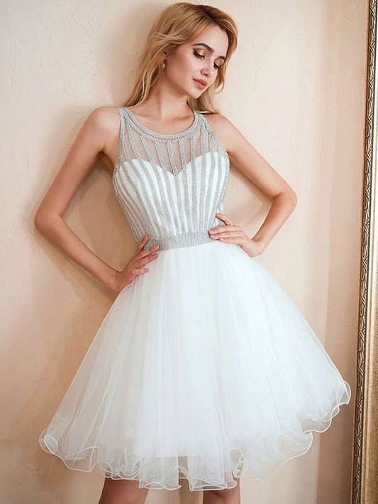 Sleeveless Beading Scoop Tulle A-Line/Princess Short/Mini Homecoming Dresses