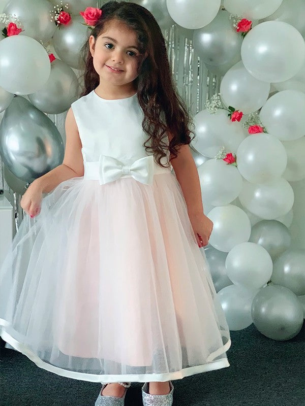 Sleeveless Tea-Length Bowknot Organza A-Line/Princess Scoop Flower Girl Dresses