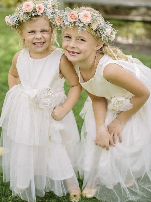 Sleeveless Hand-Made Floor-Length A-Line/Princess Scoop Tulle Flower Flower Girl Dresses