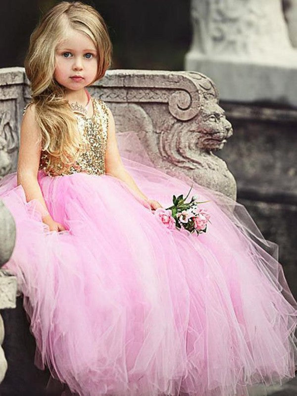 Tulle Gown Ball Scoop Sleeveless Sequin Floor-Length Flower Girl Dresses