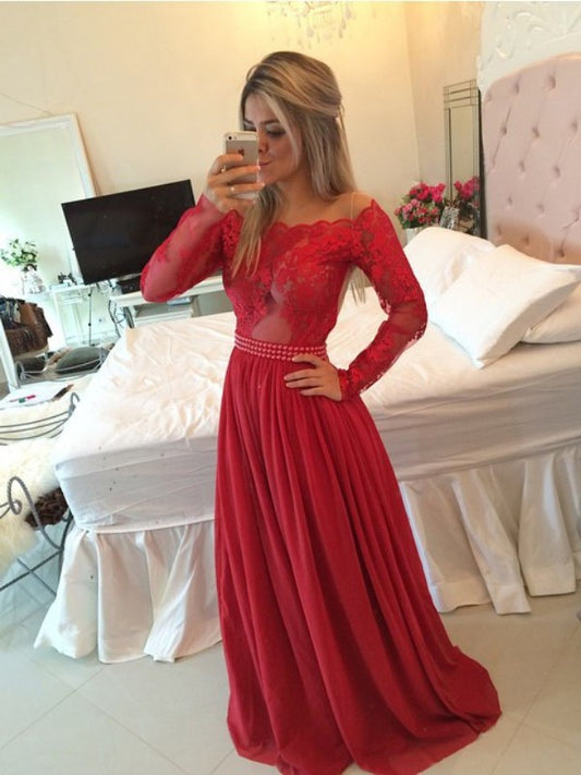 Off-the-Shoulder A-Line/Princess Sweep/Brush Chiffon Train Applique Dresses