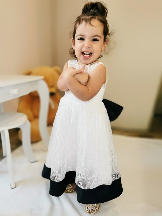 Scoop A-Line/Princess Bowknot Sleeveless Ankle-Length Lace Flower Girl Dresses