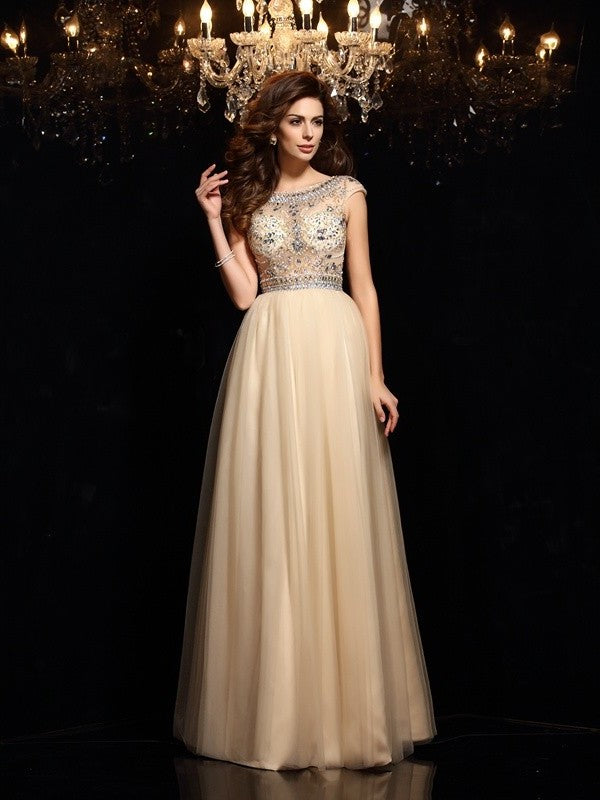 A-Line/Princess Sleeveless Scoop Beading Long Net Dresses