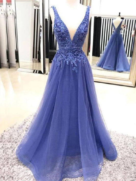 A-Line/Princess Sleeveless Floor-Length V-neck Applique Tulle Dresses