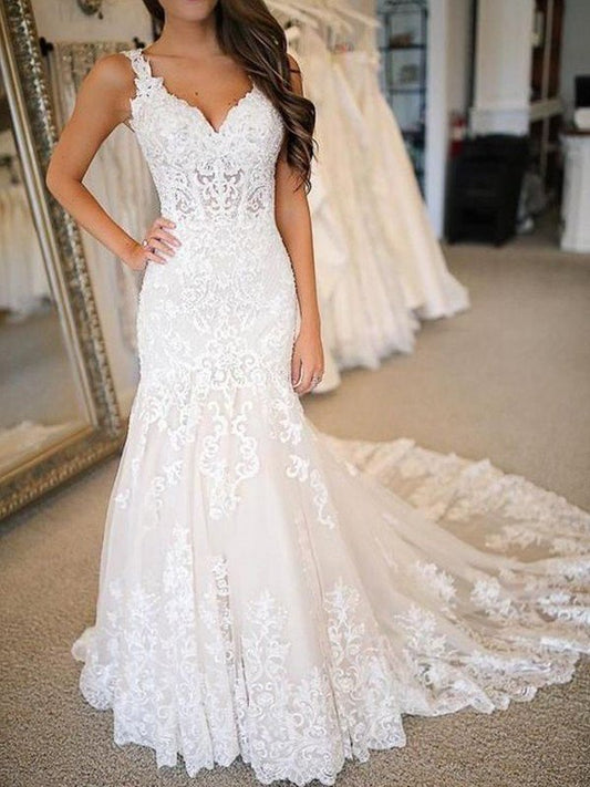 Tulle Sweep/Brush Sleeveless V-neck Trumpet/Mermaid Applique Train Wedding Dresses