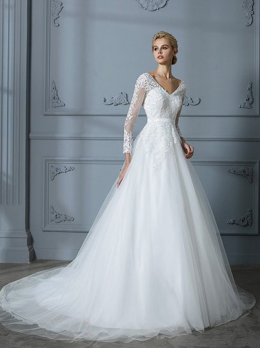 Gown Lace Long Train Ball V-neck Sleeves Court Tulle Wedding Dresses