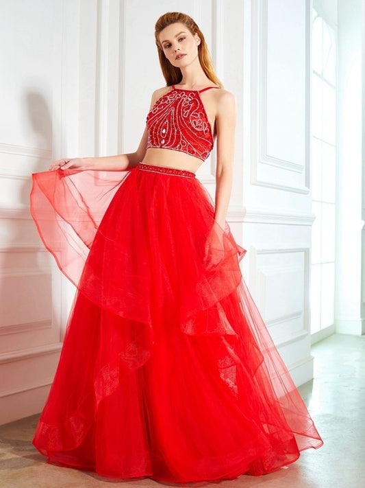 Beading Sleeveless Straps A-Line/Princess Tulle Floor-Length Spaghetti Two Piece Dresses