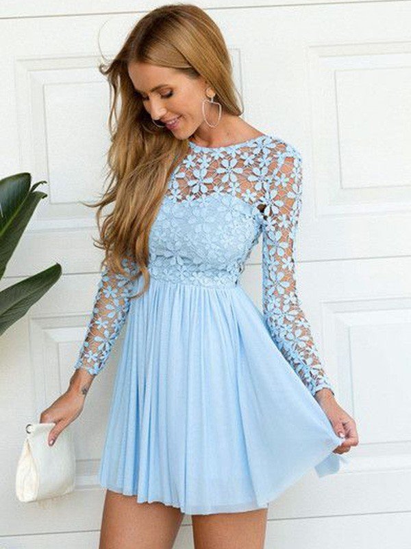 Lexi A-Line/Princess Homecoming Dresses Scoop Long Sleeves Lace Short/Mini Chiffon Dresses