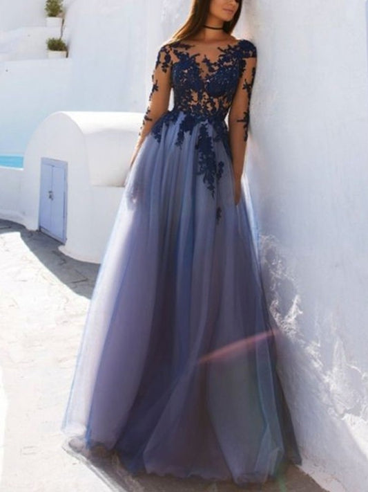 A-Line With Sleeves Long Floor-Length Scoop Applique Tulle Dresses