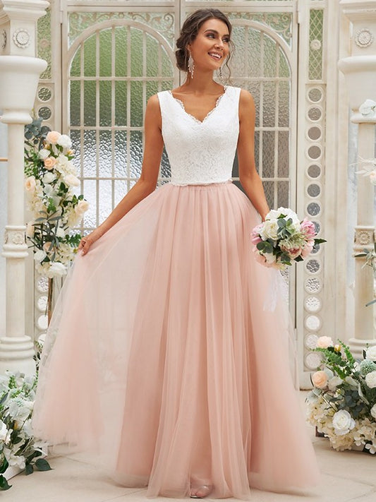 V-neck Tulle Lace Sleeveless A-Line/Princess Floor-Length Bridesmaid Dresses