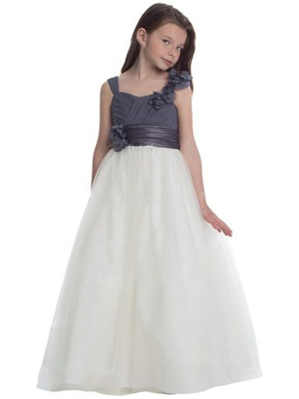 Hand-Made Sleeveless Tulle Straps Flower A-Line/Princess Floor-Length Flower Girl Dresses