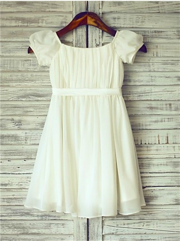 Chiffon A-line/Princess Tea-Length Ruched Short Square Sleeves Flower Girl Dresses