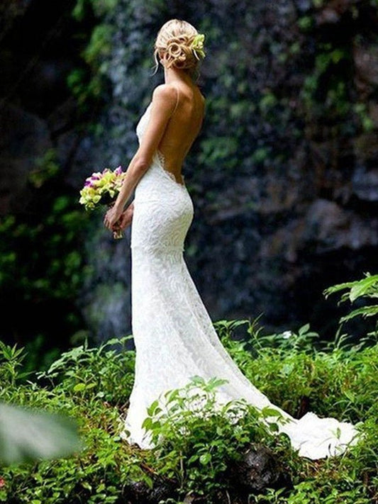 Straps Spaghetti Court Sleeveless Train V-neck Sheath/Column Lace Wedding Dresses