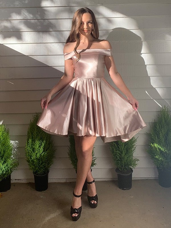 Ruffles A-Line/Princess Off-the-Shoulder Sleeveless Satin Short/Mini Homecoming Dresses