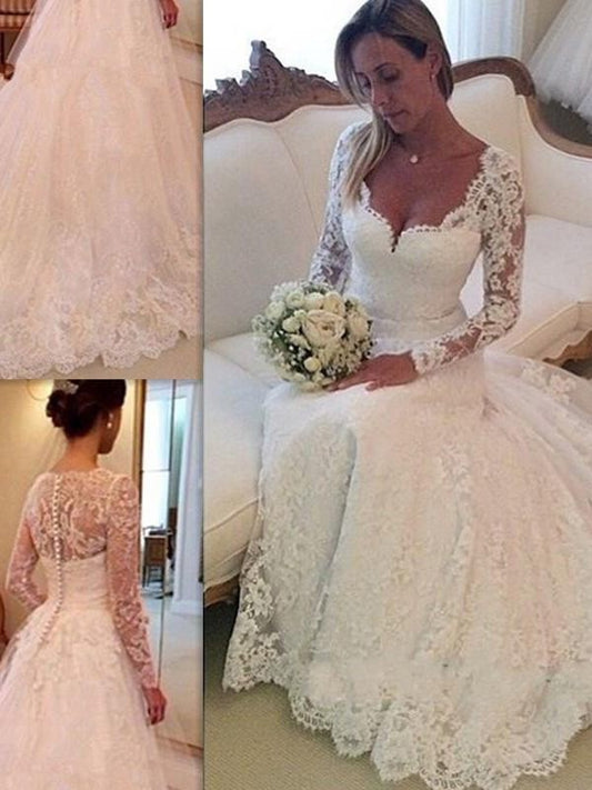 V-neck Ball Sleeves Train Gown Long Court Lace Tulle Wedding Dresses