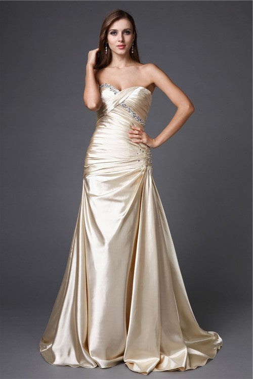 Sleeveless Beading Long Elastic Sweetheart A-Line/Princess Woven Satin Dresses