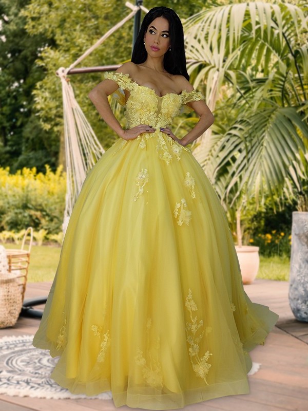 Applique Gown Ball Sleeveless Tulle Off-the-Shoulder Sweep/Brush Train Dresses