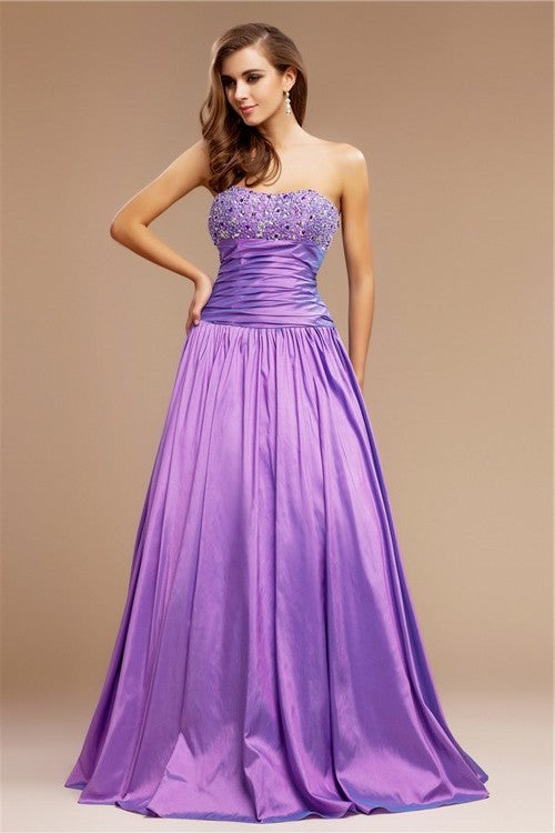 Strapless Beading A-Line/Princess Sleeveless Long Taffeta Dresses