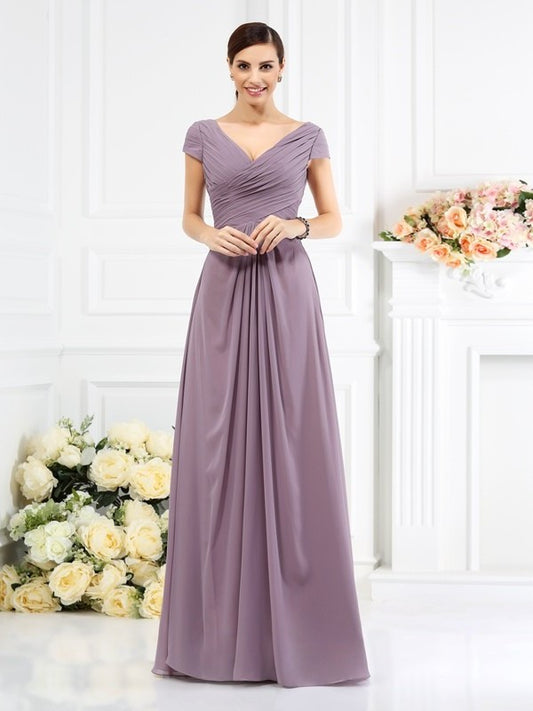 Sleeves Pleats A-Line/Princess Long V-neck Short Chiffon Bridesmaid Dresses