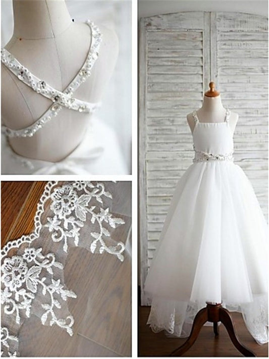 Train Sweep/Brush Tulle Straps Beading A-line/Princess Spaghetti Sleeveless Flower Girl Dresses