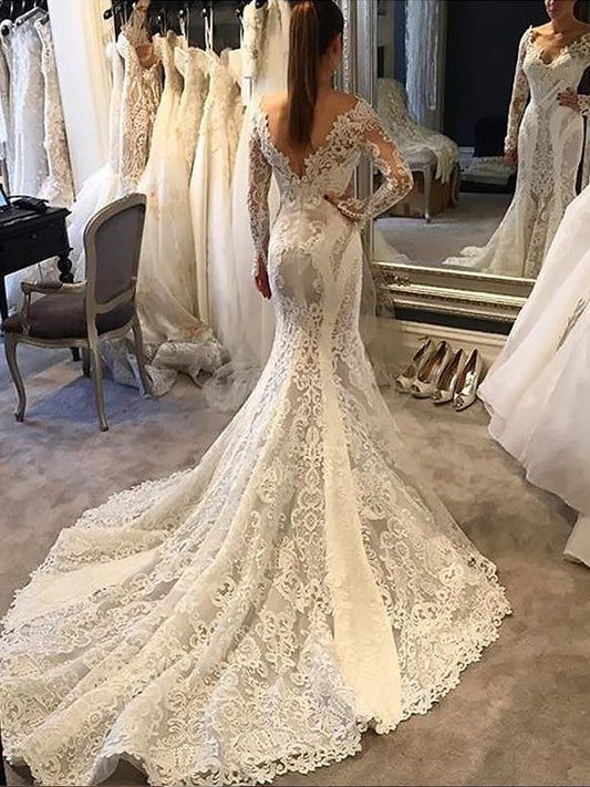 V-neck Court Train Sleeves Trumpet/Mermaid Long Lace Wedding Dresses