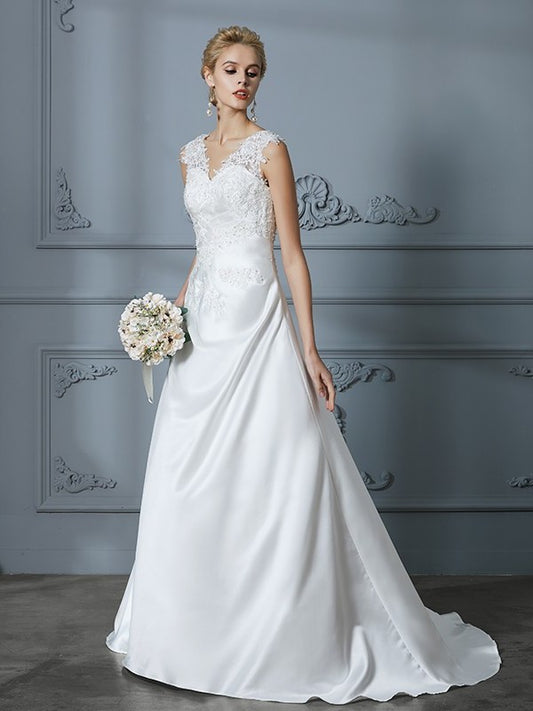 Sweep/Brush V-neck Applique Train Sleeveless A-Line/Princess Satin Wedding Dresses