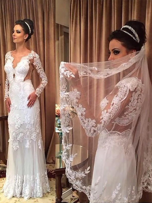 Sweep/Brush Applique Long Sleeves Tulle Sheath/Column V-neck Train Wedding Dresses