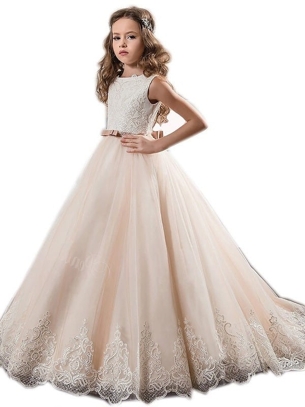 Tulle Gown Jewel Sweep/Brush Sleeveless Train Lace Ball Flower Girl Dresses