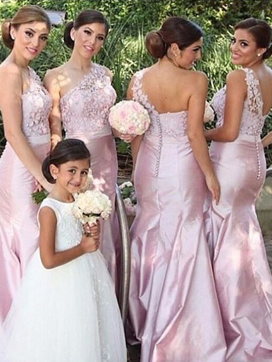 Sleeveless Woven Satin Elastic Trumpet/Mermaid One-Shoulder Floor-Length Bridesmaid Dresses